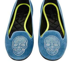 NWT Phillip Plein Blue Suede Ballet Flat with Diamanté Skull, 7.5